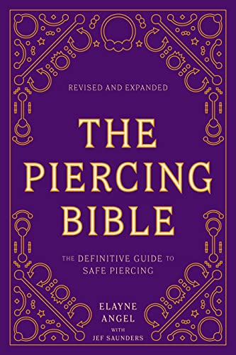 Book cover for The Piercing Bible with gold text and border on purple background.