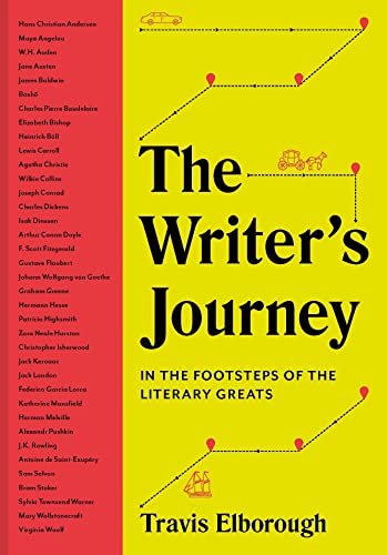 Book cover with a yellow background, red side panel listing authors, and travel icons.