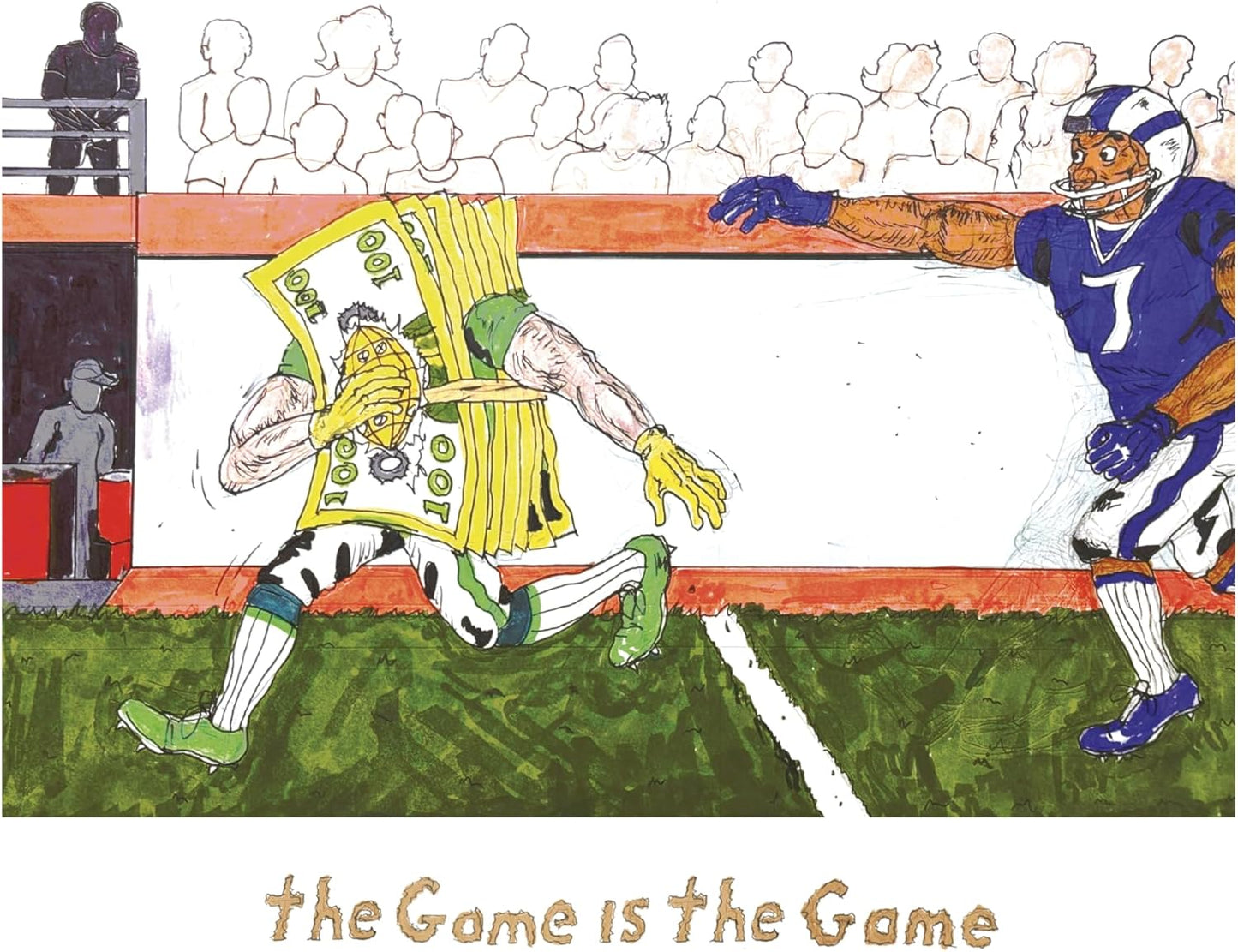 Cartoon illustration of football players with money falling from a runner.