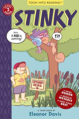 A purple monster in a tree watches a boy standing by a sign.