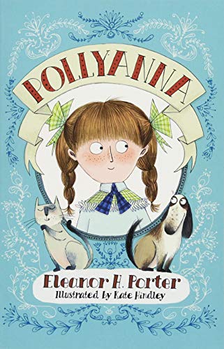 Book cover illustration of Pollyanna with a cat and dog on a blue background.