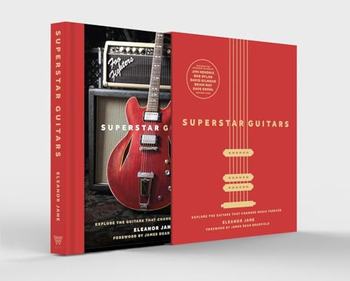 Red book cover displaying guitars, titled "Superstar Guitars" by Eleanor Jane.