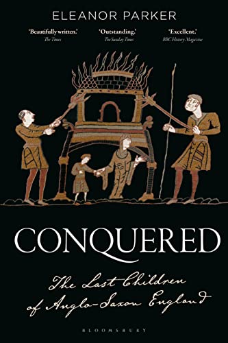 Book cover: “Conquered” depicts figures with a burning structure, dark background.