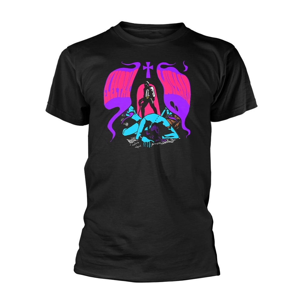 Black t-shirt with a colorful, stylized illustration of a witch hunt scene.