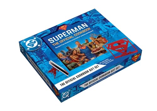 Blue Superman cookbook gift set with a metal stand inside.