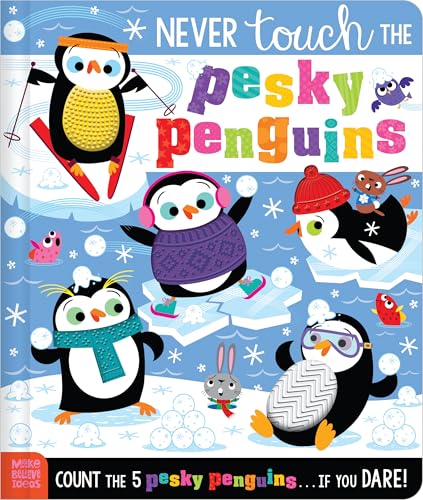 Book cover featuring five cartoon penguins in winter gear on a snowy blue background.