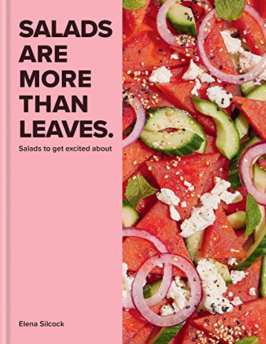 Book cover with pink left panel and a salad of watermelon, cucumber, and feta.