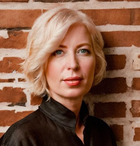 Portrait of a blonde woman with blue eyes, standing before a brick wall.