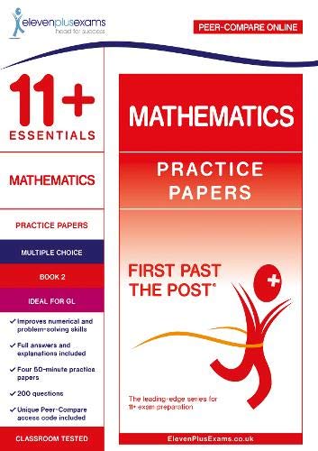 Red and white cover of “11+ Essentials Mathematics Practice Papers Book 2”.