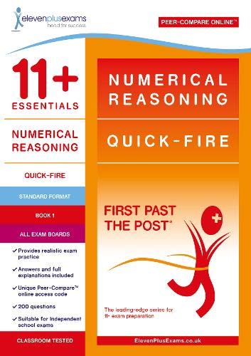 Book cover for 11+ Essentials Numerical Reasoning Quick-fire Book 1 with orange and white design.