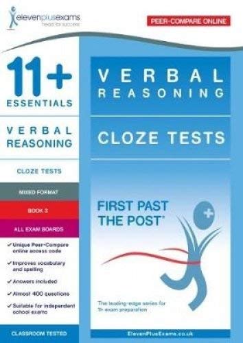 Book with verbal reasoning tests for 11+ exams, likely with cloze test passages and questions.