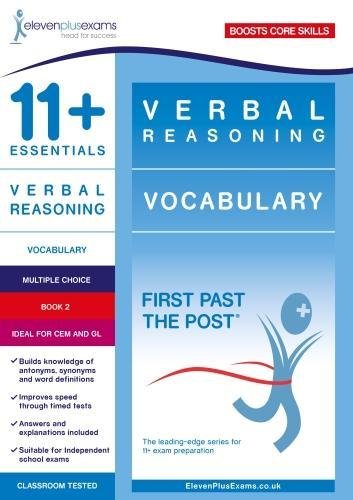 Blue and white "11+ Essentials Verbal Reasoning: Vocabulary Book 2" cover.