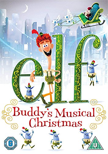 Elf" DVD cover featuring Buddy the Elf, Santa’s sleigh, and elves.