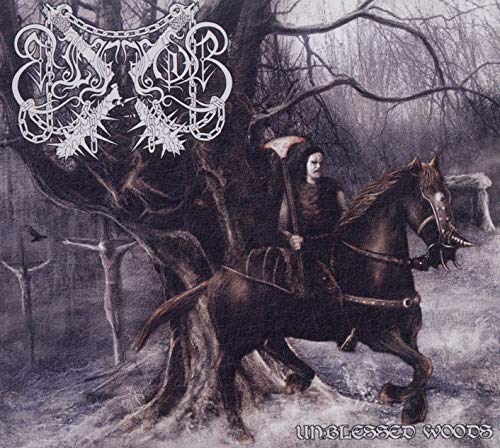 Dark fantasy album cover featuring a hooded figure on horseback in a forest.