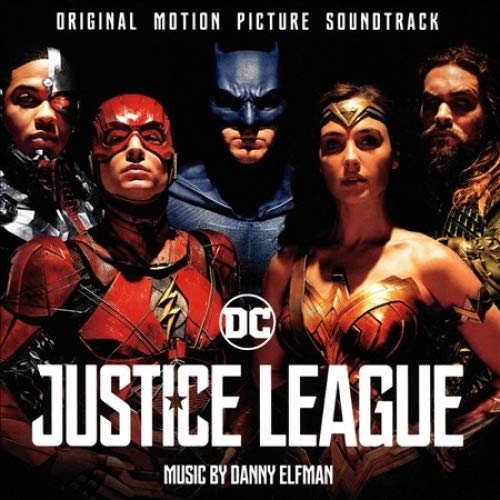 Justice League movie soundtrack CD cover featuring superhero portraits.