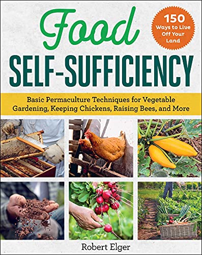 Book cover depicting gardening, chickens, bees, and produce for self-sufficiency.
