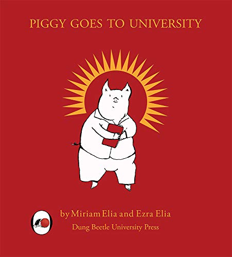 Red cover with a cartoon pig holding red books, sunburst background.