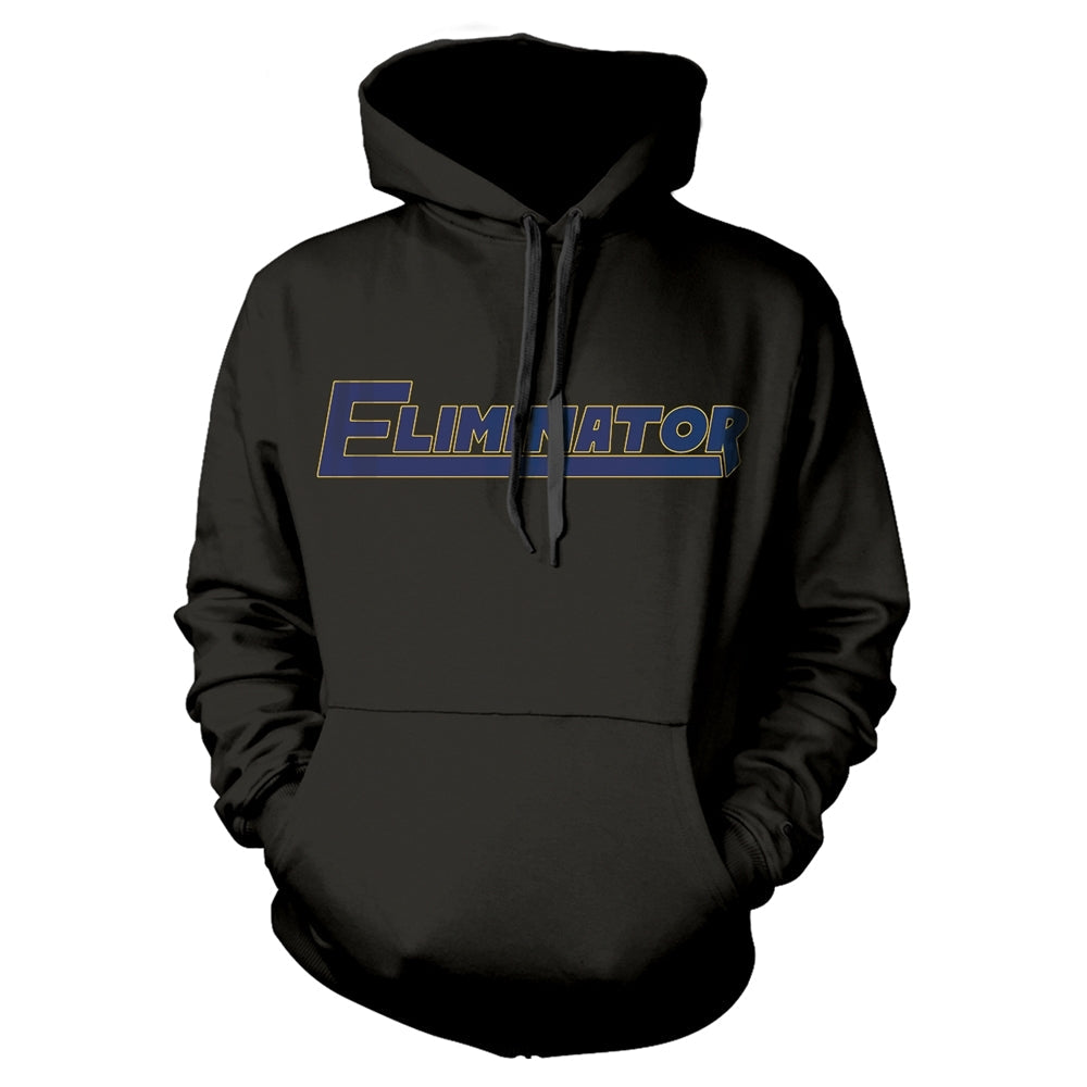 Black hooded sweatshirt with large blue and yellow "ELIMINATOR" text.