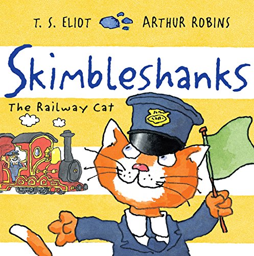 Orange cat in a railway conductor’s uniform with a red train.