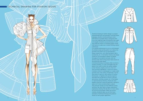 Fashion illustration of a model next to technical flat sketches of clothing on blue.