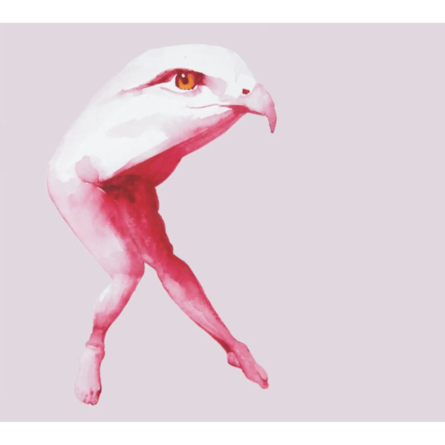 Pink watercolor painting of a human-eagle hybrid creature.