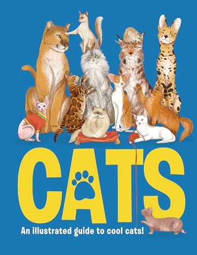 Colorful illustration of various cat breeds and a paw print graphic.