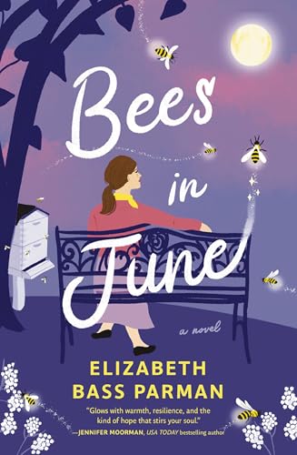 Book cover: woman on bench with bees, moon, and stylized trees.