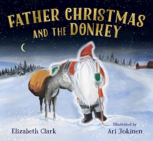 Father Christmas with a donkey in a snowy winter landscape.