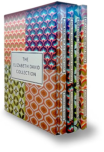 Boxed set of four cookbooks with patterned covers, titled “The Elizabeth David Collection.”