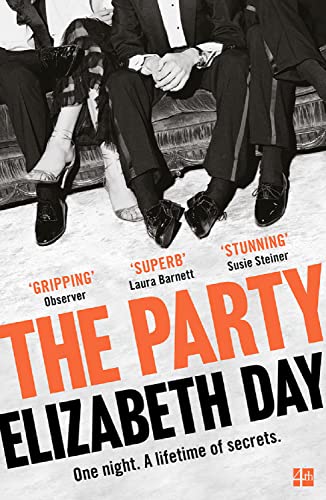 Book cover: people in formal wear on a sofa, title "The Party".
