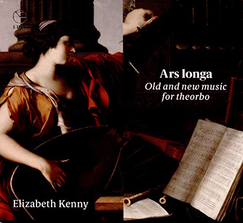 Classical painting of a woman playing a lute next to an open music book.