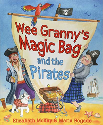 A pirate and a granny holding a sail with a parrot and treasure chest.