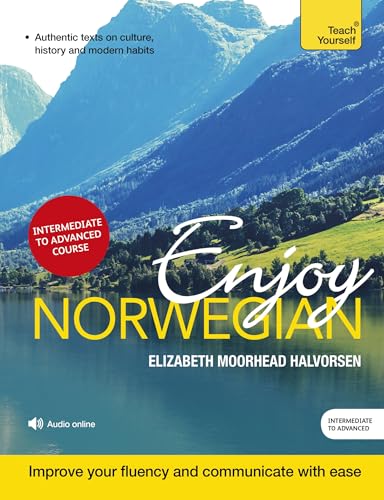 Norwegian language textbook cover with mountains and text "Enjoy Norwegian".