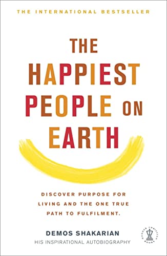 Book cover: "The Happiest People on Earth" by Demos Shakarian, with yellow brushstroke.