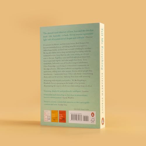 Book spine reading "Tell Me Everything" by Elizabeth Strout, light teal cover.