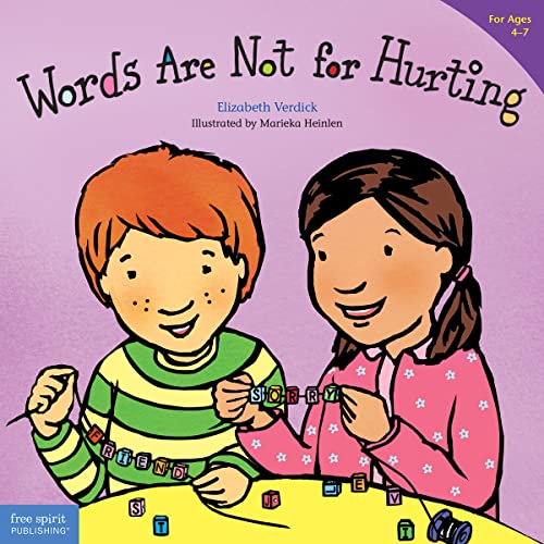 Book cover: two children with letter tiles spelling “friend” and “sorry.”