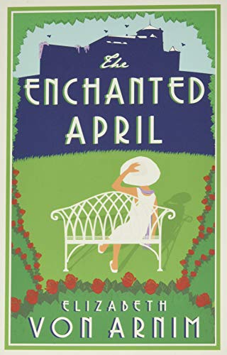Book cover illustration of a woman on a bench before a castle and roses.