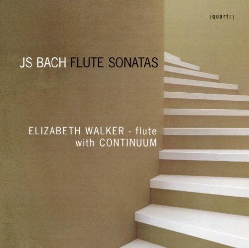 "Album cover featuring white stairs on beige background with text 'JS Bach Flute Sonatas'."