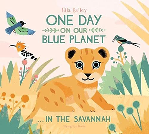 Book cover illustration featuring a lion cub in the savannah with birds and plants.