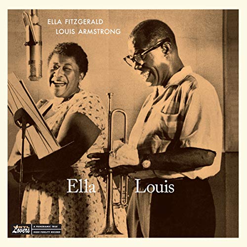 Vinyl album cover featuring Ella Fitzgerald and Louis Armstrong in a recording studio.