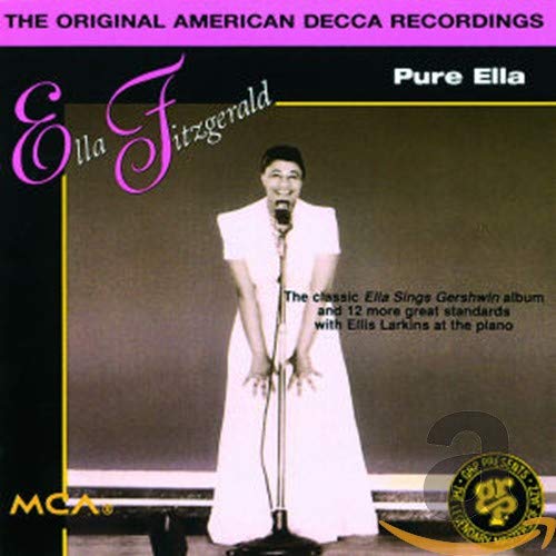 CD cover of Ella Fitzgerald in a white dress singing into a microphone.