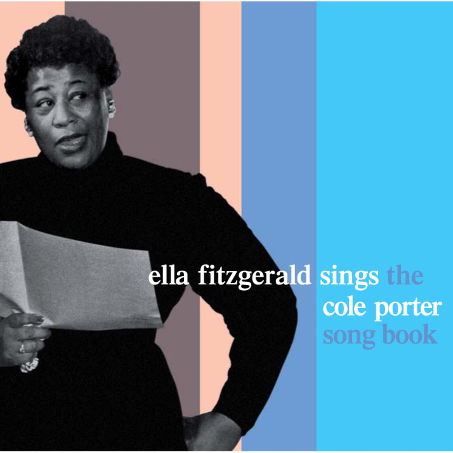 Ella Fitzgerald album cover, black and white portrait with color blocks.