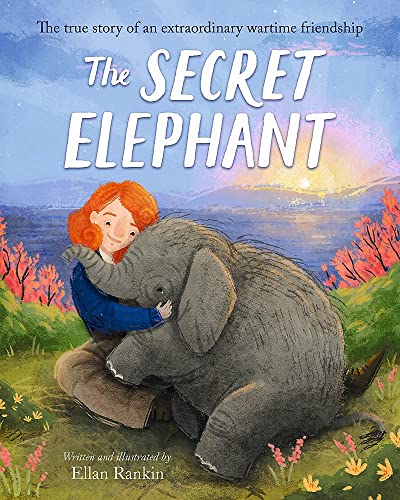 Book cover: girl hugging a gray elephant in a colorful landscape.