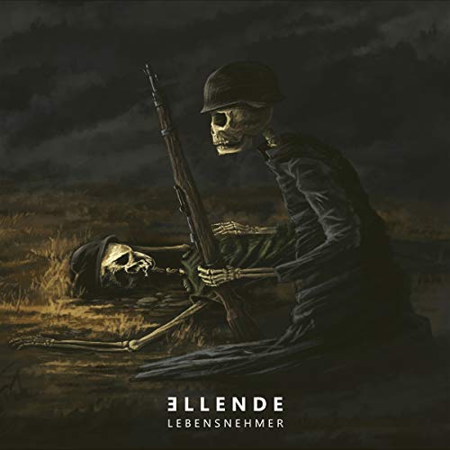Skeleton soldier with rifle, lying near another skeleton in a field.