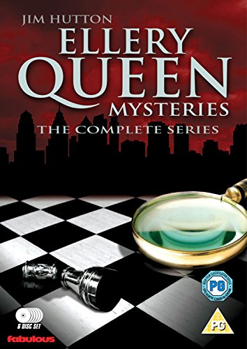 DVD cover for "Ellery Queen Mysteries" with a magnifying glass and cityscape.