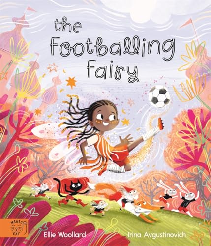 Girl with fairy wings kicking a soccer ball with animal onlookers.