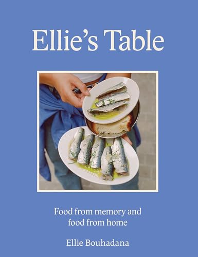 Cookbook cover with sardines on plates, titled "Ellie's Table.