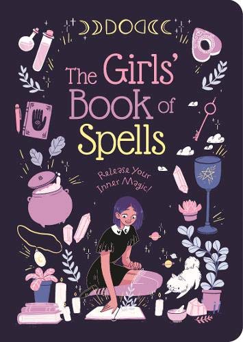 Book cover with illustrated magical objects, a girl, and a cat.