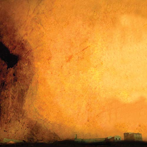 Abstract orange and brown textured album cover with buildings.