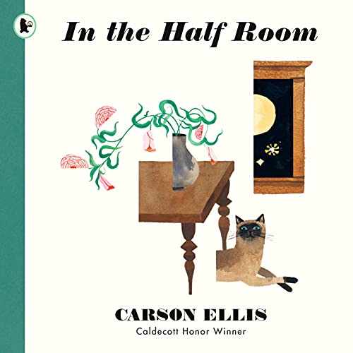 Book cover: table, vase, flowers, cat, and night sky through a window.